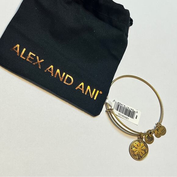 ALEX AND ANI Gold Tone Four-Leaf Clover Bangle Bracelet Lucky Expandable NWT - Picture 2 of 6